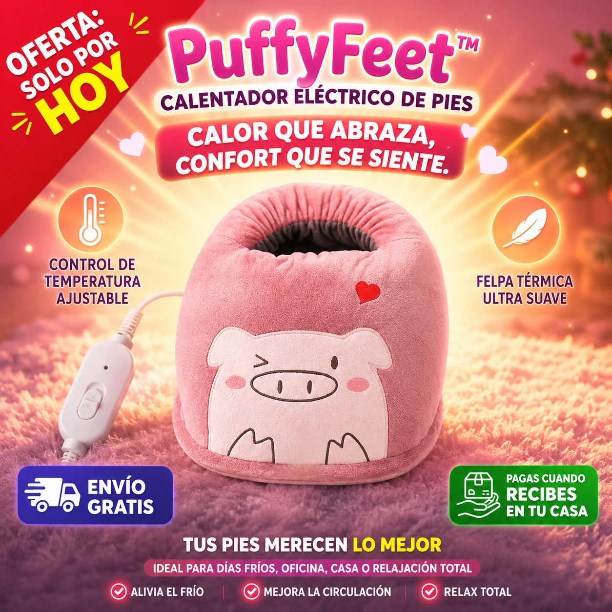 PuffyFeet™ - Calentador Eléctrico de Pies con Felpa Térmica y Control de Temperatura